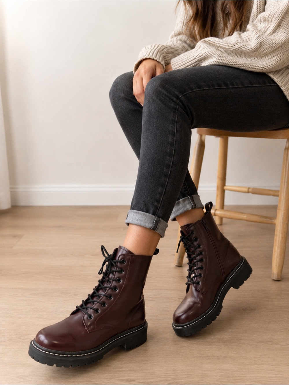 Forever 21 Burgundy Faux Leather Lace Up Combat Boots